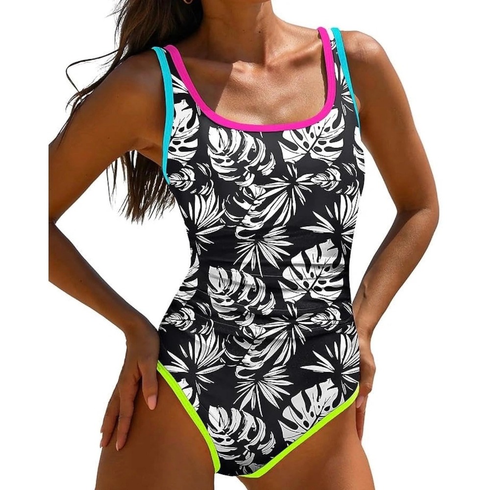NWT Popvil One Piece Swimsuit Neon Trim Leaf Print Slimming Modest Adjustable M